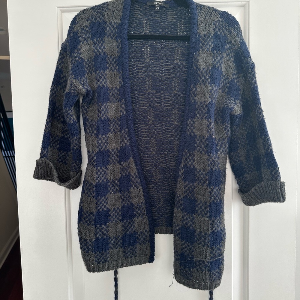 Plaid Open-Front Sweater - Blue and Gray